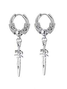 Fashionable & Stylish Collection: Black Personalized Hiphop Earrings, Long Earrings, Stainless Steel Vintage Dragon Pattern Sword Pendant Earrings & Ear Clips - Silver - View 4