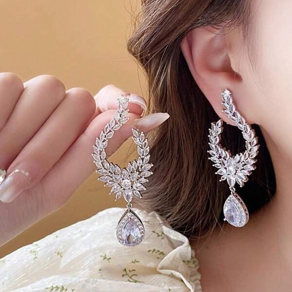 1 Pair Elegant Vintage Long Dangle Cubic Synthetic Zirconia Earrings For Women - Bridal Wedding Party Jewelry, Year-Round Wear