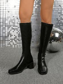 复古黑色女式高筒长靴，全新设计，后拉链，粗跟，方头，厚底，过膝，弹力棕色皮革版本 - 黑色 - 查看 3