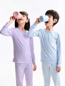 Annil 女童装女童装男童装女孩装青少年秋季上衣裤子套装家居保暖服装打底秋季上衣裤子 - 紫色 - 查看 3