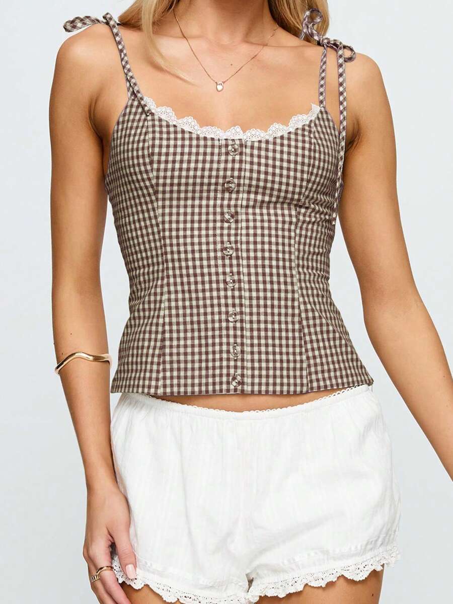 Women Plaid Camisole Slim Lace Trim Scoop Neck Tie-Up Spaghetti Strap Crop Shirts  Summer Streetwear