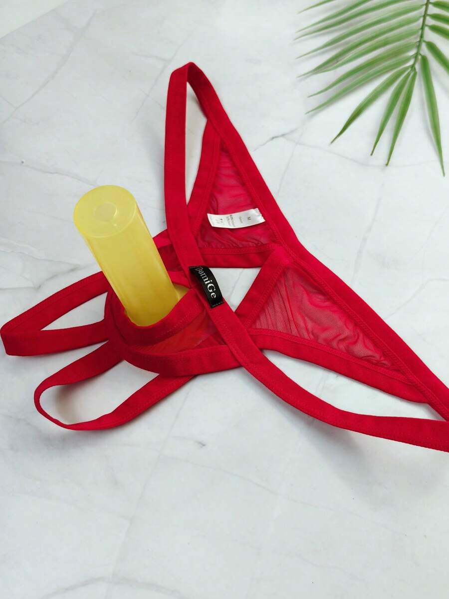 DomiGe 1 件性感男士内衣，红色弹力网眼前开裆，露背吊带丁字裤