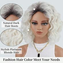 MMidlength Layered Ombre Platinum Blonde Wavy Bob Wigs For White Women 12inch Short Wave Curly Synthetic Wig Side Part Average Size Daily Party Wig8001 - Bạch kim - Xem 8