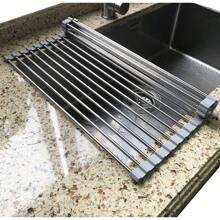 1pc Retractable Clothes Drying Rack, Over Sink Hanging Rack, Portable Stainless Steel Roll Up Rack, Multi-Purpose Kitchen Drain Shelf, Grey