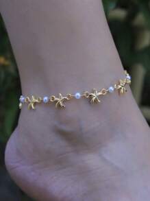 1 pièce Bracelet de cheville à la mode pour femme avec étoile de mer en alliage brillant et fausse perle classique. Accessoire de bijouterie fait main convenant pour un usage quotidien, à la plage, en soirée ou en voyage