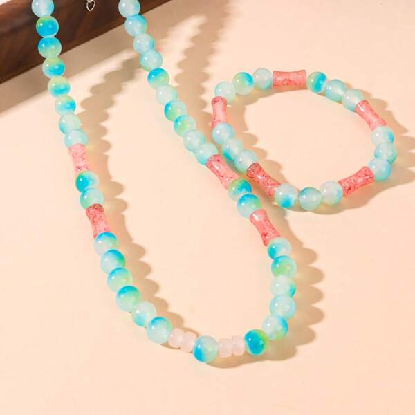 1pc Vintage Glass Bamboo Bead Necklace & 1pc Bamboo Bead Stretch Bracelet Jewelry Set, Suitable For Women