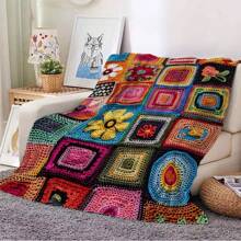 1pc Comfortable Colorful Crochet Floral Pattern Flannel Blanket, Bedroom Decor, Picnic Mat, Travel Throw, Wool Blanket, Bed Blanket, Plush Throw, Casual Blanket, Autumn Blanket, Summer Quilt, Bedroom Rug, Soft Blanket, Sofa Cover, Cool Fleece, Soft Polyester Knitted Design, Multi-Purpose, Machine Washable, Bedding, A Fluffy Blanket And Casual Throw, Ideal Gift For Family And Friends On Birthday, Anniversary, Everyday - Multicolor - View 5