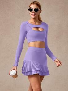 NcmRyu 1pc Women's Seamless Hollow Design Cinched Waist Tight Fit Long Sleeve Skirt Sports Set - Purple - View 9