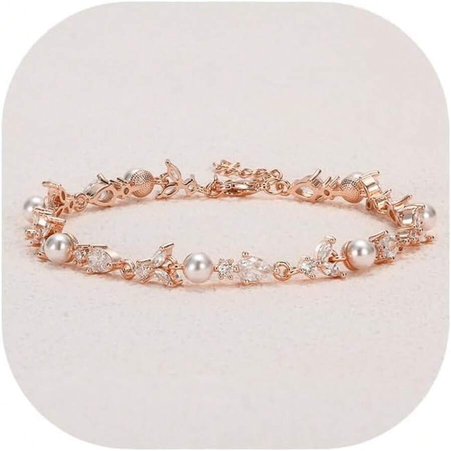 Crysdue Wedding Bridal Link Bracelet Brides Bridesmaids, Marquise Cubic Zirconia Tennis Bracelets Women Prom Jewelry - D_CZ+珍珠,玫瑰金 7.8-9.37 英寸 - 查看 1