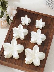 爪夹 6 件/套仿珍珠白花发夹女士，波西米亚夏威夷海滩度假时尚休闲发饰，适合发髻、刘海、马尾辫装饰，学校用品，大学