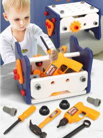 58 Piece Children's Simulation Tool Set, Electric Drill And Storage Box, Children's Interactive Assembly Tool Set - Electric Drill And Pretend Repair Tool, Puzzle Toy Set, Perfect As A Gift For Children