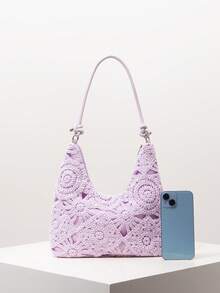 花卉镂空钩针编织单肩包、沙滩包、度假包、钩针套装、女士优雅包包、度假必备品、旅行必备品（图案随机） - 紫色 - 查看 3