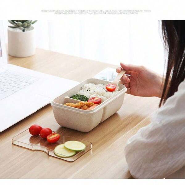 1pc Microwave Safe Lunch Box Bento Box, Plastic Wheat Straw Food Container For Home Kitchen, Portable Outdoor Camping Trip