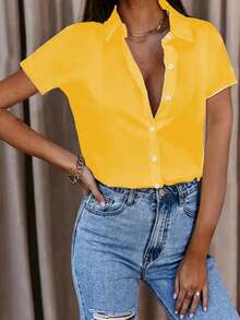 Women's Simple Fashion Front Button Short Sleeve Shirt Summer - Yellow - View 3