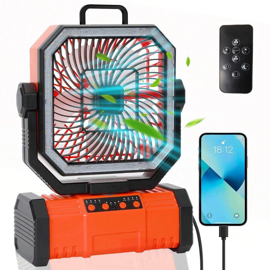 20000mAh Portable Camping Fan, Rechargeable Battery Operated Oscillating Camp Tent Fan W/Remote, 4 Speeds, LED Lights & 360° Rotation Hook For Outdoor RV Travel Essentials, Basic Model-Orange