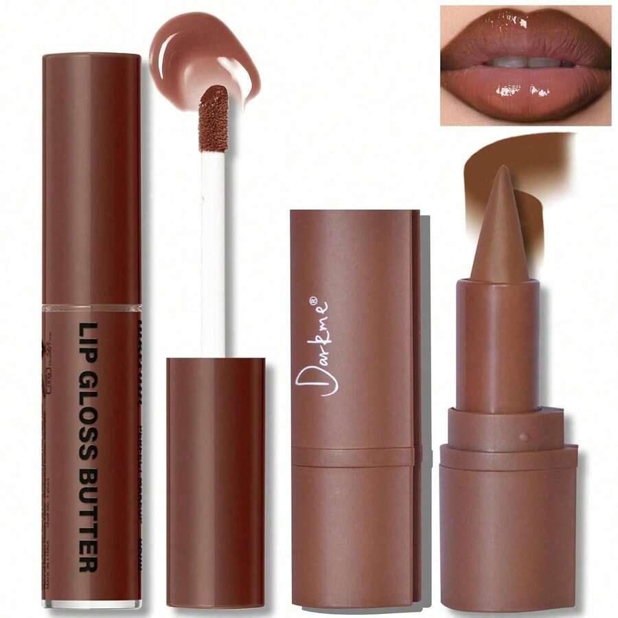 Lip Liner And Gloss Set, Dark Brown Plumping Lip Liner Lip Pencil Moisturizing Lightweight Lip Gloss Lip Combo, High Shine Glossy Lip Tint Lip Stain Makeup Long Lasting Lip Care For Women - 01 nâu nhạt - Xem 1