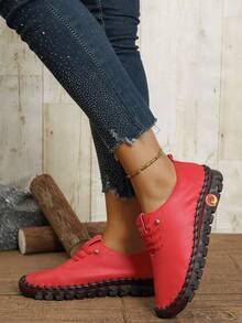 女式户外多功能休闲红色运动鞋，橡胶鞋底，柔软系带低帮皮革运动鞋 - 紅色 - 查看 1