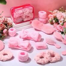 7/14/42pcs/Set Pink Spa Sleepover Party Favors,Included 6 Pink Spa Headband 6 Plush Sleep Eye Mask 6 Velvet Scrunchies 6 Wristband 6 Hair Brush 6 Clear Cosmetic Bags For Slumber Party Favor Gift, Wedding, Bachelorette, Bridal Shower Gifts - Pink - View 4