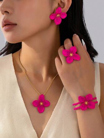 1 set de 4 pièces de bijoux avec un design floral élégant pour femmes, 1 bracelet et bague, 1 collier, 1 paire de boucles d'oreilles, convient pour le port quotidien, les fêtes, les bals, les vacances d'été