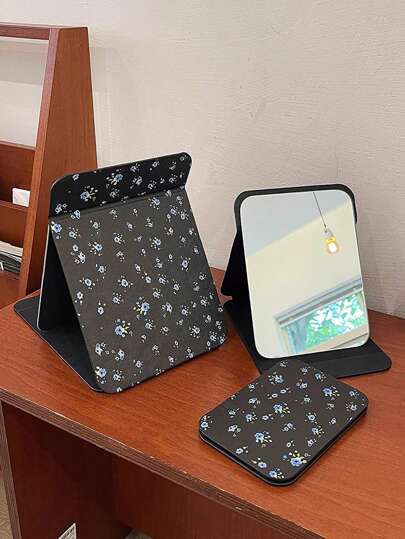 1pc PU Retro Blue Floral Personal Makeup Mirror, Portable Women's Makeup Mirror, Office Desktop Desktop Folding Mirror, Suitable For Outdoor Dating, Backstage Makeup For Performances, College Dormitory, Office White-Collar Use