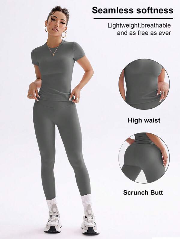 FWH Conjunto de 2 piezas de ropa deportiva juvenil de campus: top de unicolor lindo, con cuello redondo, elástico y ajustado; y pantalón de cintura alta, ceñido, casual, de control de abdomen, elegante, versátil, ideal para baile, running, yoga y uso diario.