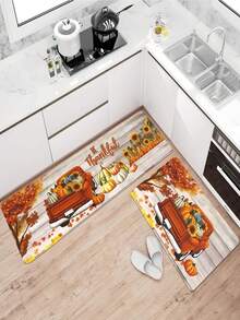 1/2 piezas Carpa de cocina roja de camión con calabaza de otoño, alfombra de piso de la cocina de cosecha de Acción de Gracias y alfombra impermeable para la alfombra del pasillo de una cocina, cómoda y suave, área de pie, alfombrilla de puerta de granja, decoración de decoración para cocina