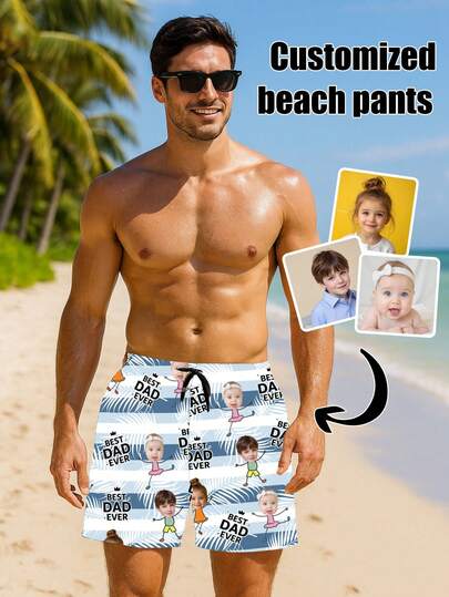 Customized Men's Summer Beach Shorts With Personalized Designs Such As Portraits, Family Members, Pets, Cartoons, Holiday Themes