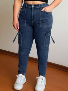Calça Denim Cargo Skinny Estilo Y2K Plus Size, Outono