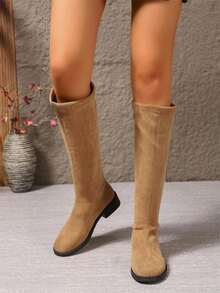 Damen Stiefel, warm & sexy, einfarbige Stiefel mit rundem Zehenbereich, klobigem Absatz, Reißverschluss hinten, modische Wadenhochstiefel, flacher Wildlederstoff, verlängerte Beine, Westernstil Stiefel für Herbst/Winter