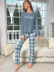 字母图案长袖上衣和裤子睡衣套装，女士睡衣，秋冬服装 - 綠色 - 查看 5