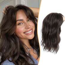 Topper de cabello, topper de cabello sintético de 16 pulgadas con ondas y color negro natural para mujeres con cabello ralo, con flequillo, para añadir volumen natural al cabello - Multicolor - Ver 12