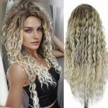 MLong Curly Blonde Wigs For White Women Ash Blonde Ombre Wig Natural Fluffy Hair Thick Hairline Synthetic Wigs 26inches Long Wig Wavy8001 - OmbreBlonde - Xem 3