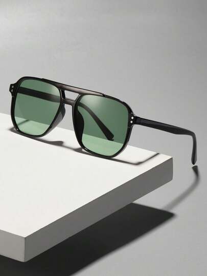 1 PC Men's Acrylic Double Beam Aviator Square Frame Fashion Sunglasses For Daily Outings And Beach Vacations