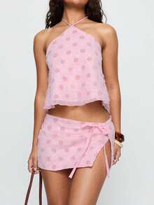Women Two Piece Sparkly Sequin Mini Skirt Set .Y Sleeveless Tie Back Halter Top Side Tie Mini Skirt Set Summer Y2k Clubwear - 粉色 - 查看 4