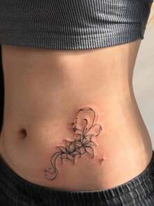 1pc Waterproof, Sweatproof, Washable Temporary Tattoo, Unique High-End Design Aesthetic, Dark-Themed Floral & Couple's Tattoo For Abdomen, Suitable For Users' Everyday Wear - Black - View 2