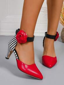 Sandalias de tacón alto con adornos de strass importadas, aptas para vacaciones y uso diario, color rojo - Rojo - Ver 5