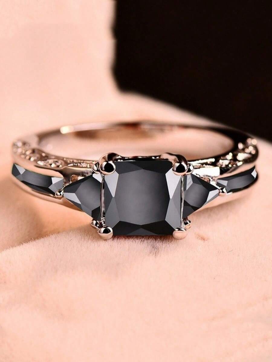 925 Sterling Silver Ring With Purple And Black Square Cubic Zirconia, Hypoallergenic & Nickel-Free, Suitable For Daily Wear And Special Occasions