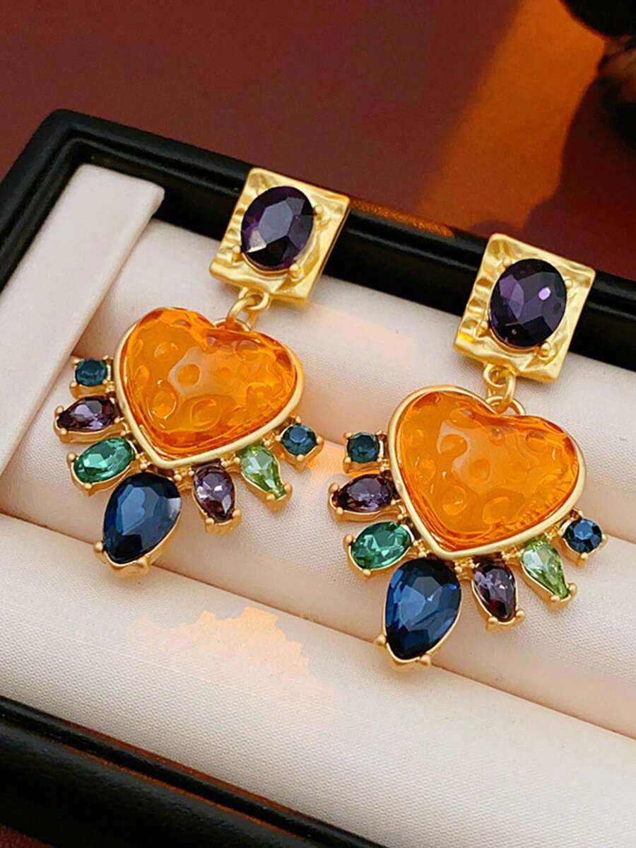rundraw 2只复古心形锆石镶嵌方形几何夸张时尚金属多色耳环，适合女性佩戴，可用于派对、聚会、宴会、日常穿搭、节日、新年礼物等场合。 - 彩色 - 查看 1