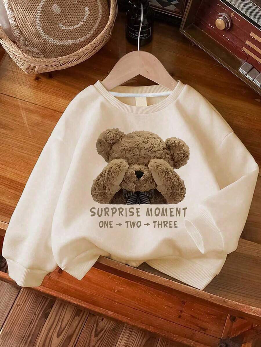 少女长袖圆领套头衫，饰有“惊喜时刻”小熊印花图案，秋冬款