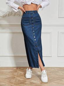 Front Button Denim Skirt,Women's Denim A-Line Skirt, Casual Vacation Style, Blue,Women Single Breasted Daily Matching Denim Skirt - 深色水洗藍 - 查看 4