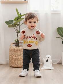 Toddler Baby Thanksgiving Sweater Pumpkin Letter Embroidered Crewneck Long Sleeve Pullover Chunky Knit Tops - 卡其色 - 查看 3