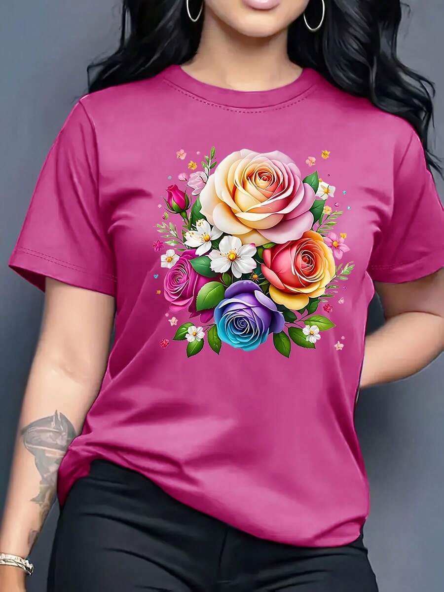 Playera estampada graficos lazo moños flores mariposa estampada muyer Letras Casual diario casa - Lila Púrpura - Ver 1