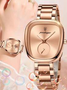 1pc Elegant Rose Gold Stainless Steel Strap Oval Dial Women's Quartz Watch, Luxury Waterproof Watches For Woman, Fashion Ladies Wristwatch Suitable For Daily Occasions, Women's Gifts