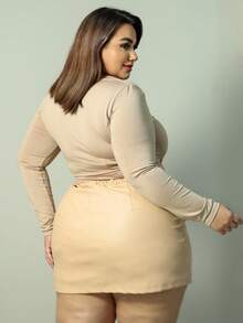 Women's Leather Skirt Plus Size Festival Look Country Curve Short Skirt Elastic Waistband 44 To 52 - Màu be - Xem 3