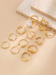12 piezas Anillos de moda con perlas falsas de geometría suave y de gran tamaño, inspirados en el estilo vintage con tono dorado clásico para mujeres