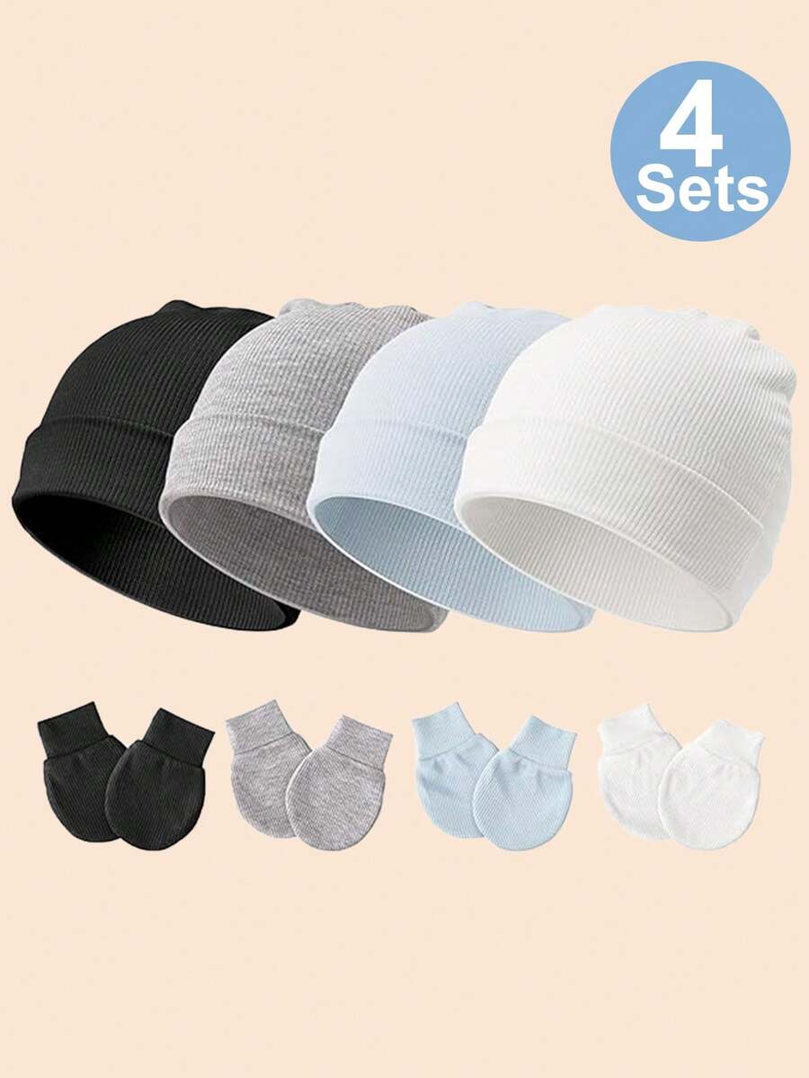 4Sets Newborn Hospital Hat Baby Hat And Anti Scratch Mittens Set For 0-3 Months Newborn Baby Girls Essentials Bonnet Infant Beanie Caps And Gloves Casual Everyday Hat - 彩色 - 查看 1