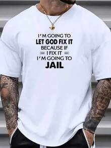 200g 100% Algodón Puro Camiseta de Estilo Urbano para Hombre con Estampado de Patrón - Diseño "Deja que Dios lo arregle", Negra con texto blanco, Casual y Holgada, Fibra de Poliéster, Lavable a Máquina, Cuello Redondo, Adecuada para Todas las Estaciones - Negro - Ver 1