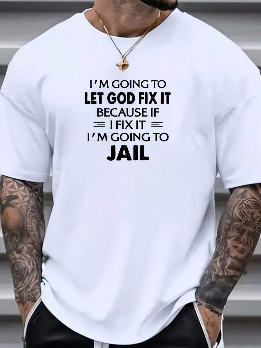 200g 100% Algodón Puro Camiseta de Estilo Urbano para Hombre con Estampado de Patrón - Diseño "Deja que Dios lo arregle", Negra con texto blanco, Casual y Holgada, Fibra de Poliéster, Lavable a Máquina, Cuello Redondo, Adecuada para Todas las Estaciones - Negro - Ver 1