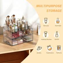 3 Tier Clear Acrylic Cosmetic Storage Organizer With Drawer, Cosmetic Storage For Dresser Countertop And Bathroom Vanity, Beauty Holder For Lipstick Brush Skincare, Lightweight, Scent-Free, Easy To Install - Transparent Cosmetic Storage Organizer-3Tier - 查看 7