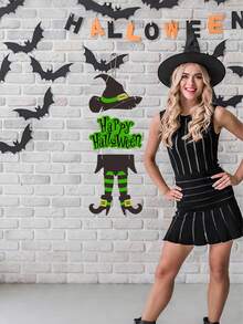 1pc Halloween Happy Sign Decoration Witch Legs Hat Hanging Wooden Wall Decor Version Rustic Front Door Hanger Fall Art Ornament For Home Room Indoor Outdoor Holiday Party - Multicolor - View 5